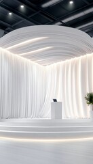 Poster - Minimalist Exhibition Stand Design with Arched Backdrop, Podium, and Subtle Lighting Elements