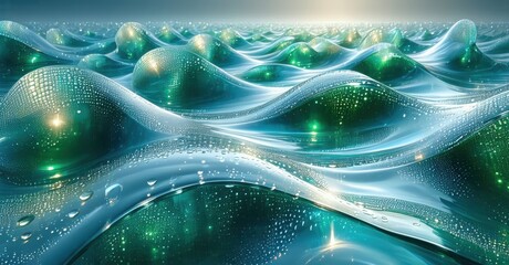Poster - Abstract landscape. Flowing waves, luminous green hues, sparkling details create surreal, futuristic scene. Smooth textures dominate.