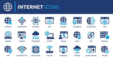 Poster - Internet icon set. Containing website, link, data, web, online, domain, technology, modem, VPN, hosting, connection and more. Solid vector icons collection.