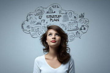 Aufkleber - A woman looks upwards, surrounded by a drawn cloud filled with startup plan sketches and business icons, symbolizing creativity and entrepreneurial thinking.