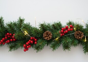 Wall Mural - Christmas garland with pine cones, red berries, and string lights on white background
