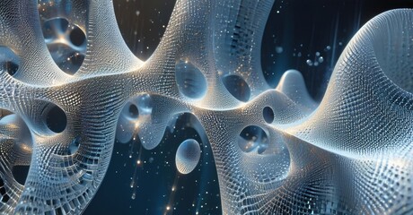 Poster - Abstract network, flowing shapes, glowing particles. Complex structure suggests digital origin, futuristic design. Blue tones dominate.