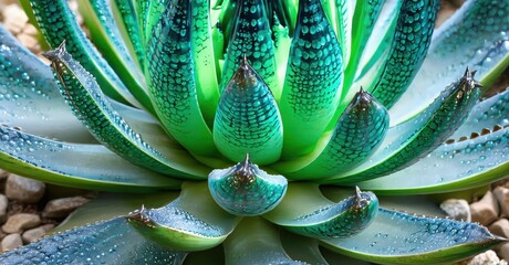 Poster - Succulent plant displays vibrant green hues, covered with water droplets. Closeup reveals intricate leaf patterns, texture.