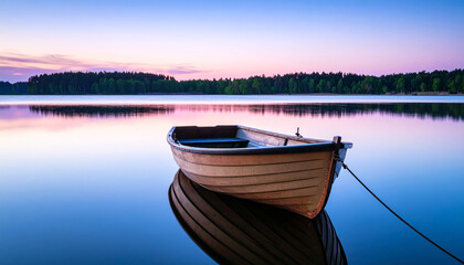 Naklejka na meble Lone Boat on Calm Lake at Twilight with Pink and Blue Sky.calm, dawn, dusk, horizon, peaceful, serene, sunrise, tranquil, scenic, boat, lake, nature, sky, sunset, water, beautiful, landscape,
