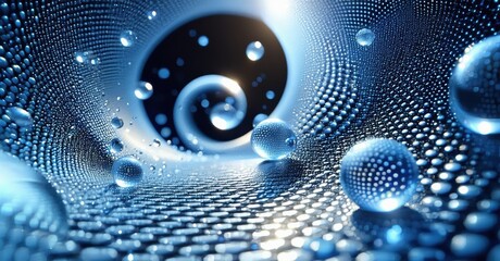 Poster - Abstract tunnel, blue tones dominate. Water droplets, spheres create depth, swirling vortex draws eye inward. Futuristic, digital aesthetic.