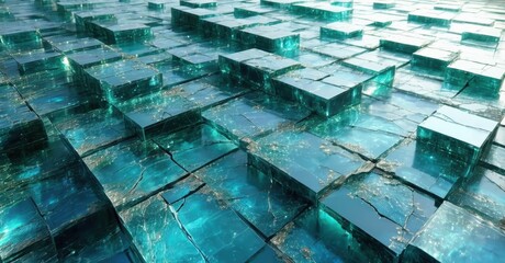 Poster - Fractured turquoise blocks create abstract landscape. Light reflects, illuminating cracks, depth. Digital rendering, cool tones dominate scene.