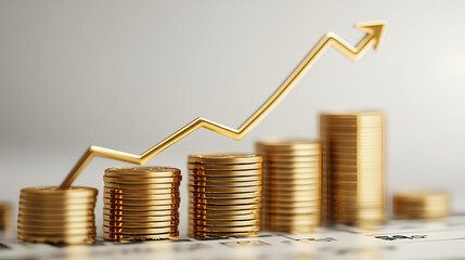 Poster - Financial Growth 3D Concept with Gold Coins, Up Arrow, and Wealth for Investment Success.