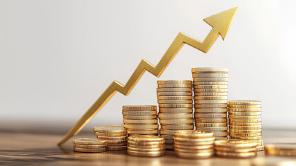 Poster - Financial Growth 3D Concept with Gold Coins, Up Arrow, and Wealth for Investment Success.