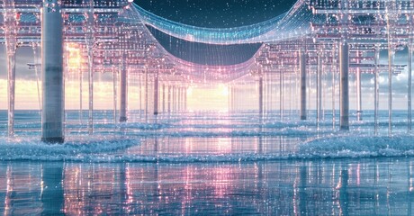 Poster - Futuristic structure extends into ocean. Light reflects off water, columns, network above. Dreamlike, ethereal scene evokes wonder.
