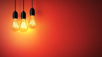 Poster - Three Vintage Edison Bulbs Hanging Against a Bold Red Background, Symbolizing Creativity and Light