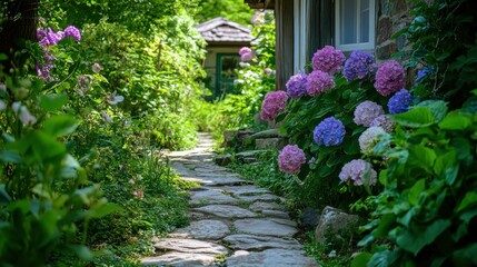 Poster - Blooming hydrangeas by stone pathway in serene garden