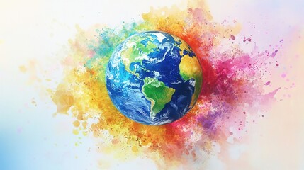 Poster - Abstract watercolor Earth globe with vibrant paint splatters