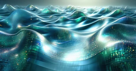 Poster - Abstract waves, luminous blue tones, digital rendering. Complex patterns suggest flowing energy, futuristic landscape. Bright highlights create depth.