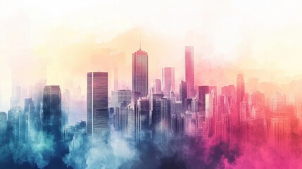 Aufkleber - Dreamlike cityscape with colorful buildings at sunset
