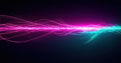 Poster - Abstract waves, vibrant pinks, turquoise hues. Digital illustration suggests energy, motion, futuristic design. Dark background enhances luminosity.