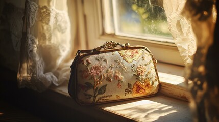 Poster - Floral embroidered purse resting on windowsill in sunlight