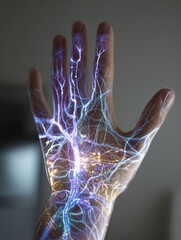 Poster - Visual Representation of Touch-Sensitive Hand Showing Sensory Nerves With Glowing Pathways Illustrating Nerve Connections in a Human Hand
