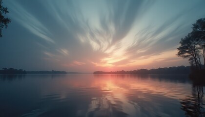 Aufkleber - Tranquil sunset over a serene lake surrounded by trees