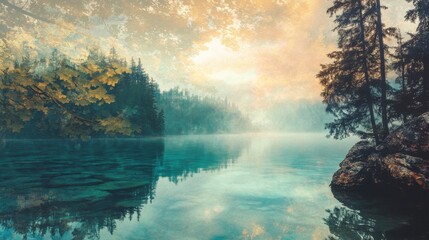 Poster - Serene lake surrounded by trees and rocks at dawn