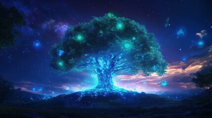 Poster - Large mystical tree glowing with blue and green light at night