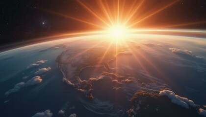 Poster - Majestic sunrise over Earth with clouds in space atmosphere