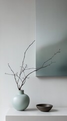 Poster - Minimalist indoor arrangement with light green vase and branches