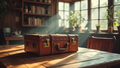 Aufkleber - Rustic suitcase on table illuminated by sunbeams indoors