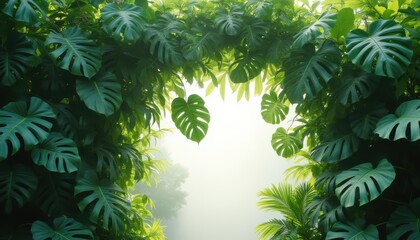 Poster - Lush Monstera leaves framing a tranquil tropical garden