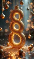Poster - Large gold glitter number eight ornament with festive bokeh lights