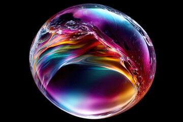 Poster - Colorful soap bubble floating against a black background showcasing vibrant patterns and reflections