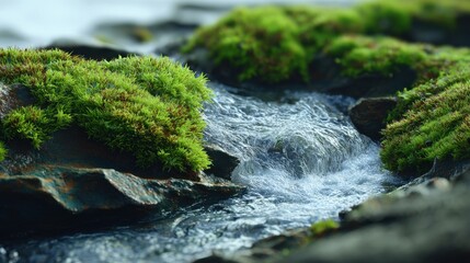Poster - Mossy Rocks Along a Gentle Stream, Evoking Natural Beauty and Environmental Awareness for Conservation Projects and Sustainable Tourism Campaigns : Generative AI