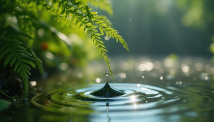Poster - Water drop on fern leaf creating ripples at tranquil pond