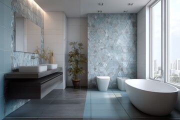 Poster - Modern Bathroom Interior with Blue Tile, Featuring a Bathtub Near a Window, Perfect for Home Improvement and Real Estate Marketing : Generative AI