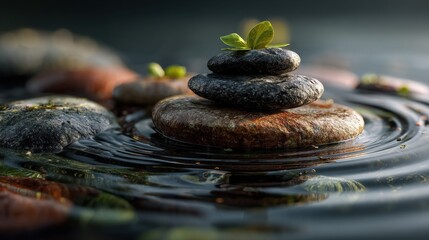 Aufkleber - Stacked Stones in Water With Sprout, Symbolizing Tranquility and Inner Peace for Wellness and Meditation Practices : Generative AI