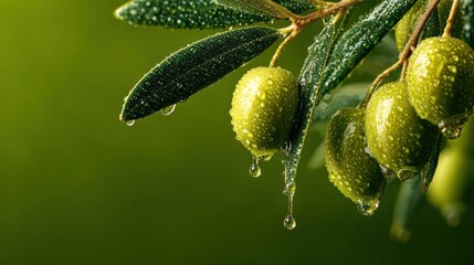 Aufkleber - Close-Up of Fresh Green Olives on a Branch With Water Droplets, Symbolizing Natural Beauty and Healthy Lifestyle Choices in Food Photography : Generative AI