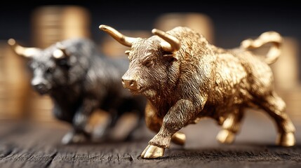 Poster - Golden Bull Charging Forward on Wooden Surface, Symbolizing Financial Strength and Investment Opportunities, With Coins in the Background : Generative AI