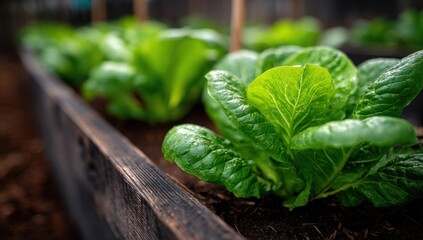 Poster - Fresh Romaine Lettuce Growing in a Raised Garden Bed, Emphasizing Sustainable Living and Healthy Eating Habits for Food Bloggers and Gardening Enthusiasts : Generative AI