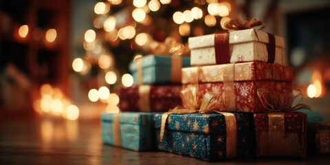 Aufkleber - Stack of Christmas Presents With Bokeh Lights, Symbolizing Holiday Cheer and Generosity, Perfect for Seasonal Marketing Campaigns : Generative AI
