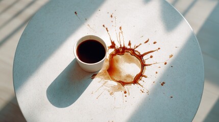 Poster - Coffee Cup and Spill on White Table, Illustrating Mistakes and the Messiness of Creative Process, Perfect for Blog Post or Article About Learning From Failure : Generative AI