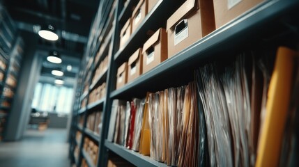 Aufkleber - Rows of Archive Boxes and Files in a Storage Room, Depicting Organization and Records Management : Generative AI