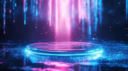 Poster - Glowing circular platform with neon blue and pink lights at night