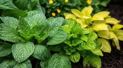 Poster - Dew-covered leafy plants in serene outdoor garden