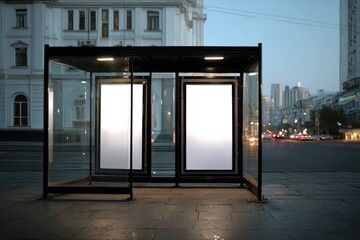 Aufkleber - Bus Stop With Blank Advertising Mockups at Dusk, Representing Urban Marketing and Outdoor Advertising Opportunities in Cityscape : Generative AI