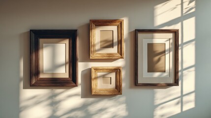 Aufkleber - Four Picture Frames Hanging on Wall with Sunlight, Ideal for Interior Design Mockups and Home Decor Visualizations, Showcasing Memories and Personalization : Generative AI