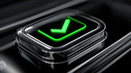 Poster - Illuminated Green Check Mark Button on Black Keyboard, Symbolizing Approval and Digital Confirmation for Business Solutions and Project Management : Generative AI