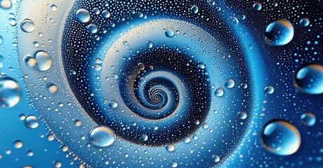 Aufkleber - Spiral pattern, water droplets, blue tones create mesmerizing visual effect. Depth, texture, abstract design present.