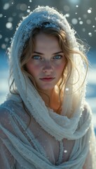 Aufkleber - Young woman in sheer garment amidst falling snow in winter landscape