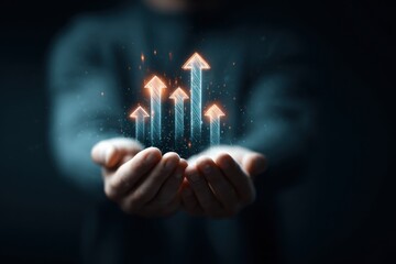 Aufkleber - Glowing Arrows Rising From Cupped Hands, Symbolizing Financial Growth and Career Advancement, Representing Business Strategy and Positive Momentum : Generative AI