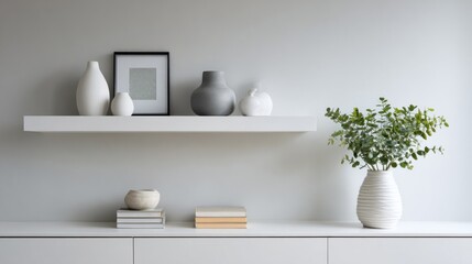 Poster - Minimalist Interior With Decorative Vases and Eucalyptus on Shelves, Showcasing Modern Home Decor and Serene Lifestyle : Generative AI