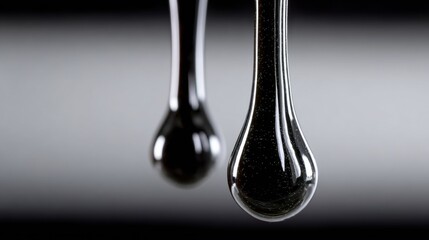 Poster - Two Dark, Shiny Liquid Drops Suspended in Air, Representing Purity and Scientific Research With a Modern Aesthetic for Product Visualization : Generative AI